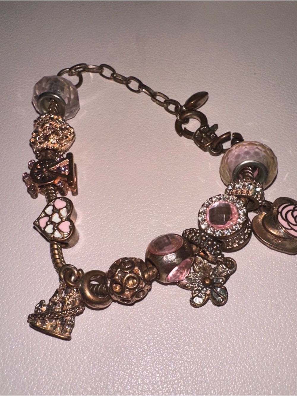 Pandora like Pink Bead and Charm Bracelet with Gold-Tone Accents - Picture 3 of 4